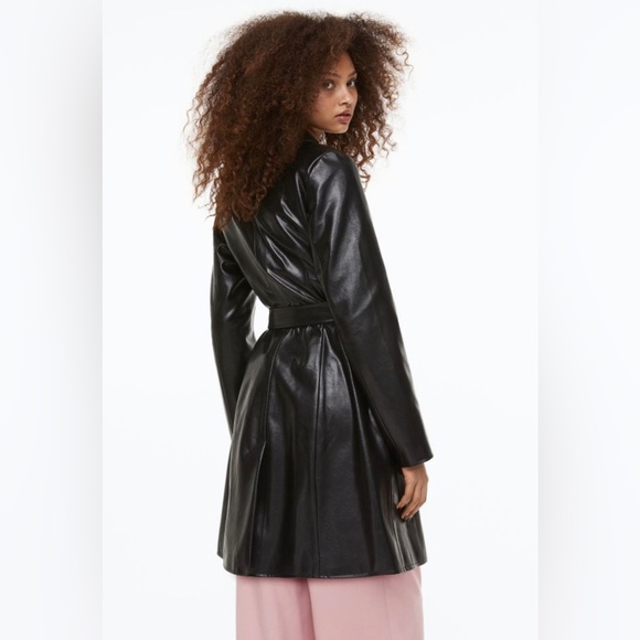 H&M Black Leather Double Breasted Belted Trench Coat Womens Size XS - Picture 3 of 10